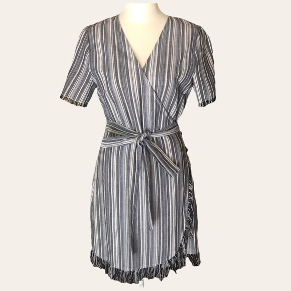 Cotton Candy LA Mini‎ Dress Womens Medium Hartwood Blue Striped True Wrap Fringe - Picture 2 of 15
